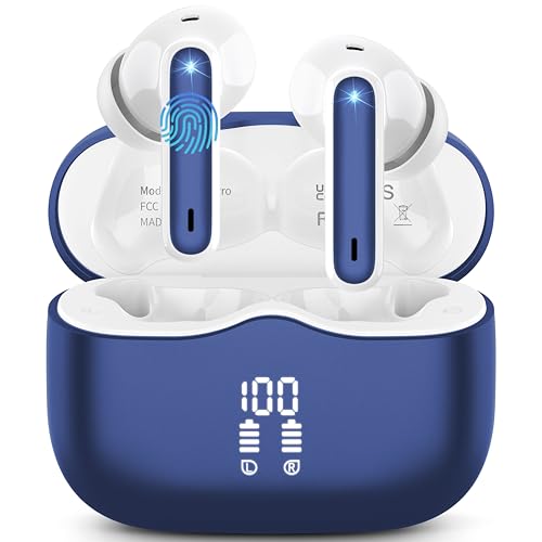 Wireless Earbuds, Bluetooth 5.3 in Ear Headphones HiFi Stereo Deep Bass, 40H Playtime Ear Buds with 4 ENC Noise Canceling Mic, LED Display USB-C, Ultra Light, IP7 Waterproof Wireless Earphones, Navy