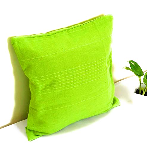 Image of RANGBHAR Handloom Cotton 220 TC Cushion Covers With Concealed Top Zip, Striped /Solid Cushion Covers For Living Room, 16 X 16 Inch, Green, Pack Of 5