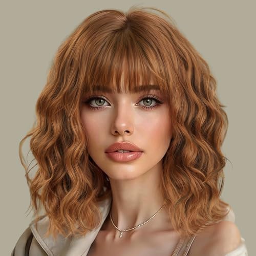 Image of AISI HAIR Synthetic Wavy Curly Bob Wig with Bangs Cooper Blonde Short Wavy Hair for Women Synthetic Heat Resistant Bob Wigs