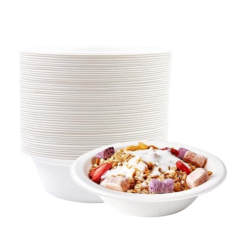 BOKFJBP 50Stück Weiß Einweg Suppenschalen, 260ML Einwegschalen Zuckerrohr Bagasse langanhaltender Wärmespeicherung Langlebige Suppenschalen für Zuhause Haushalt BBQs Picknicks Outdoor Essen