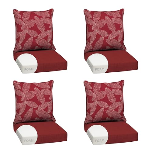 Image of Arden Outdoor Foam Deep Seat Cushion Set, 4-Pack, 24x24, Premium High-Density Foam, Never Flattens, Weather-Proof for Patio Chair Sofa Couch, Red Leaf Palm