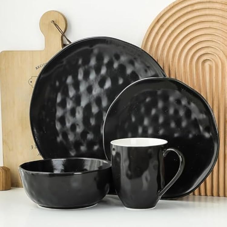 Stone Lain Ivy Stoneware 24 Piece Dinnerware Set, Home Kitchen Dish Set with Dinner Plates, Salad Plates, Bowls, Mugs - Service for 6, Black