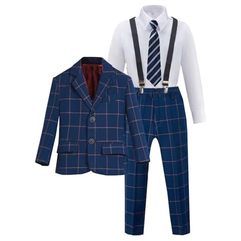 Boy Suits Navy Checkered Tuxedo Suit 5pcs Toddler Set Formal Jacket Pant Shirt Ring Bearer Outfit for Kids with Tie Size 4 Cover