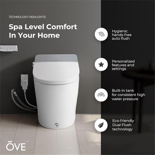 Sanitario inteligente Pemberly Row con bidet, doble descarga 1.28/0.92 GPF, tanque integrado, material cerámico, asiento calefactable, luz nocturna, control remoto, diseño compacto alargado, baño moderno miniatura 7