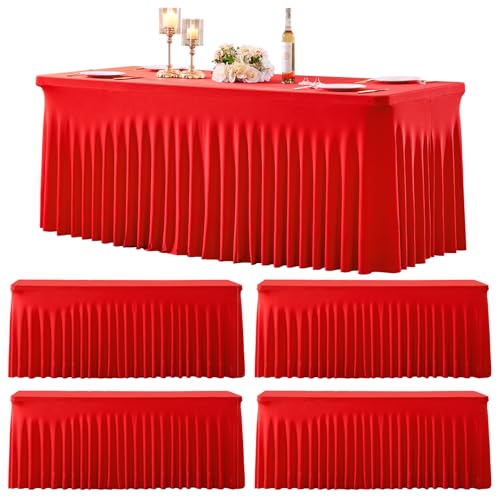Suppromo 4 Pack 6ft Red Spandex Table Cloths for Rectangle Tables Wrinkle Free Red Tablecloths Rectangle Stretch Fitted Table Cover with Skirt for Birthday Party Baby Shower Wedding Banquet Buffet