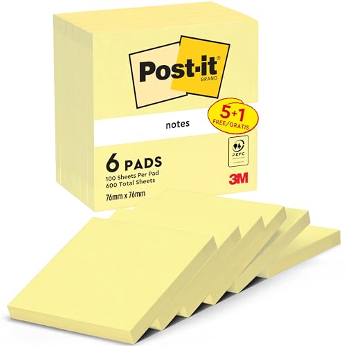 Post-It Notas Canary Yellow, Paquete de 5 + 1, 100 Hojas por Bloc, 76x76 mm, Color Amarillo, Notas Adhesivas para Listas de Tareas y Recordatorios