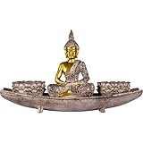 Houlu Buddha Candle Holder Set with Lotus Bowls and Tray, Buddha Statue for Home Decor, Zen Decor, Meditation and Relaxation, Boho Centerpiece for Coffee Table, Dining Table, and Living Room