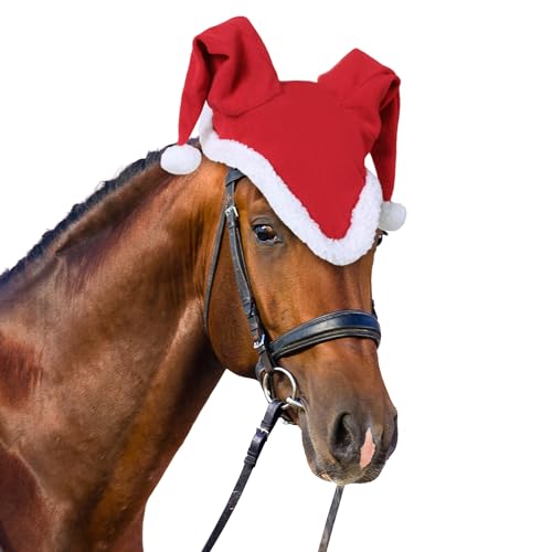 Santa Hat Fleece Horse Fly Ear Bonnet for Christmas Parade Horse Costume Holiday