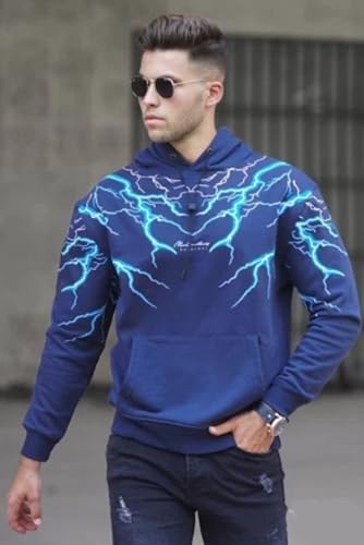 هودي رجالي بتصميم عصري، برق بتأثير ثلاثي الأبعاد – ألوان ومقاسات متنوعة، موضة مريحة وأنيقة من ميزة (كحلى, XXL)