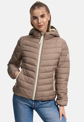 MARIKOO Damen leichte Übergangsjacke Kurze Steppjacke mit innen eingenähter Tragetasche zum einfachen Verstauen und praktischem Umhängen der Jacke Pack Mich EIN Taupe Grey Gr. 3XL