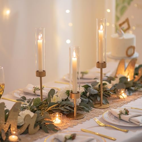 Romadedi Glass Hurricane Candlestick Holders Gold Set Of 6 Taper Candle Holder Bulk Tall Clear Glass Cylinder Table Centerpiece Wedding Decor Party Birthday Christmas Home Decorations thumb #1
