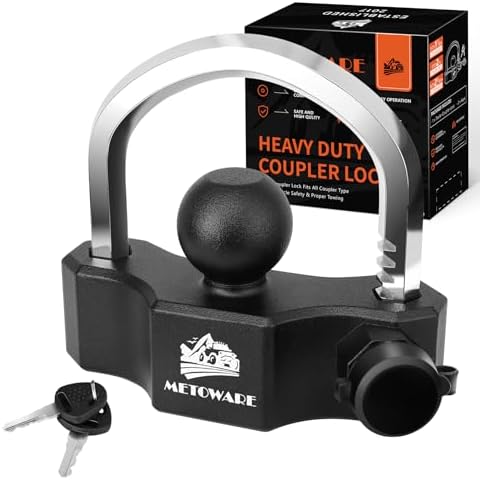 METOWARE Universal Trailer Coupler Lock, Adjustable Heavy-Duty Trailer Htich Locks Fit 1-7/8 Inch, 2 Inch, 2-5/16 Inch Couplers with 2 Keys Black Cover