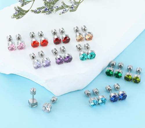 Titanium Flat Back Surgical Stainless Steel Stud Earrings for Women Men,Birthstone Stud Earrings Hypoallergenic Double Side 5A Cubic Zirconia Studs Jewelry 6mm4