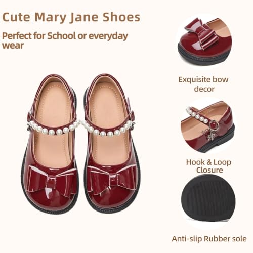 Girl's School Uniform Dress Shoes Walking Party Mary Jane Ballet Flat with Front Bow and Pearl Strap for Toddler/Little Kids3