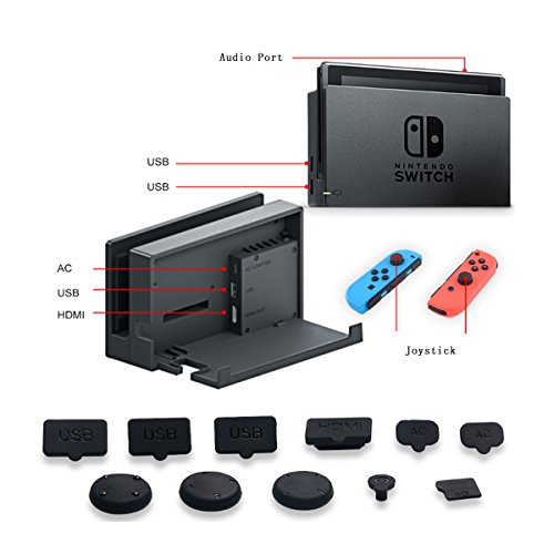 CLOVER Silicone Soft Rubber Dust Proof Plug Assessories Kits Set (13 Pack) for Nintendo Switch 2017 with Tempered Glass Screen Protector image 5