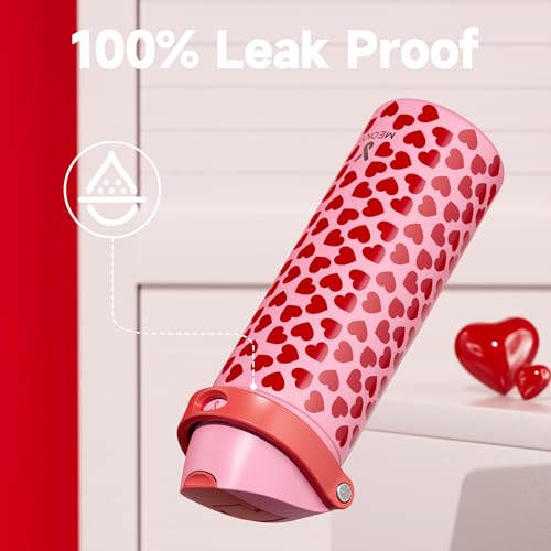 Image of 24 oz Valentine's Day Water Bottle: Meoky Stainless Steel Heart Water Bottle with 2-in-1 Straw and Spout Lid - Leak Proof, Fits in Car Cup Holder, Valentines Day for Her Women Wife Girls, Lovie