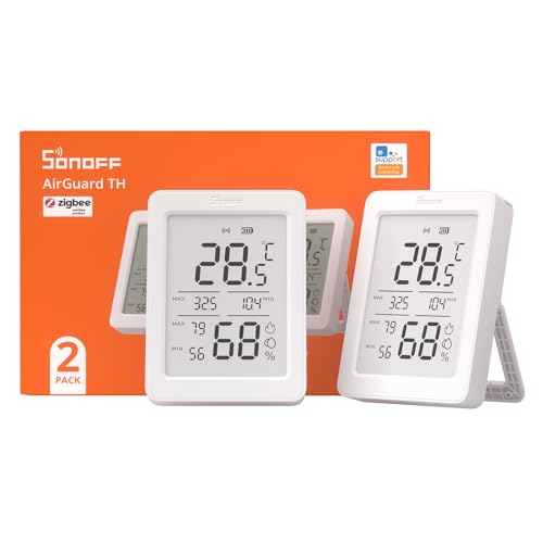 Image of SONOFF SNZB-02DR2 AirGuard TH, Indoor Smart Zigbee Temperature and Humidity Sensor, 3.6'' LCD Display, App Monitoring with Charts, Notification Alerts, Data Export, Remote Data Display, 2-Pack