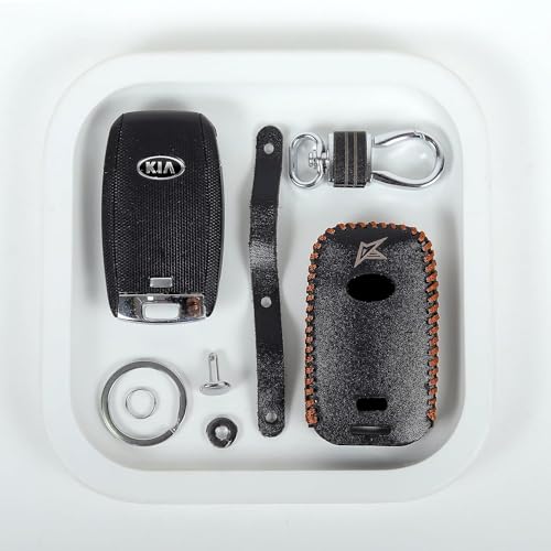 Image of Leather Smart Car Key Cover Case with Metal Hook Keychain for Kia Seltos, Carnival (Black)