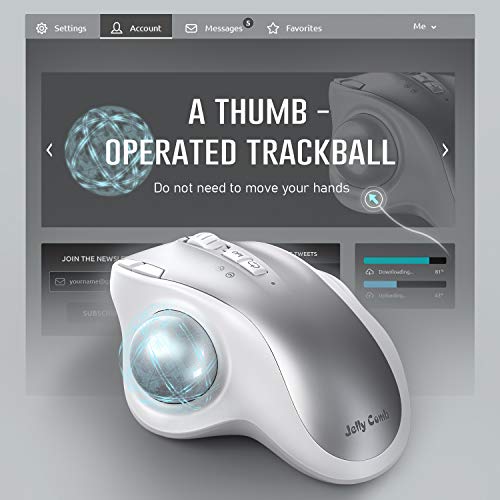 Bluetooth Trackball Mouse, Jelly Comb 2.4G USB Wireless & Bluetooth Ergonomic Trackball Mice Rechargeable with USB-C Port and 3 DPI for Mac Computer Laptop Tablet Android Windows-White and Silver - Thumbnail 3