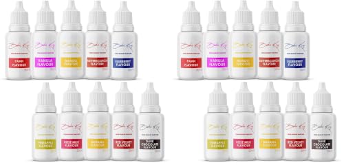 Image of BAKE KING Combo of 10 Vanilla, Paan, Mango, Butterscotch, Blueberry, Pineapple, Rose Milk, Banana, Red Velvet and Dark Chocolate Flavour Essence 30 ML Each Making Cakes, Cookies and Ice Creams Liquid Food (Pack of 20)