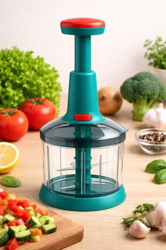 Image of YOUONE Push Chopper, 1000ml Capacity, Stainless Steel Blade, Transparent Container with Lock System, Green (Blue)