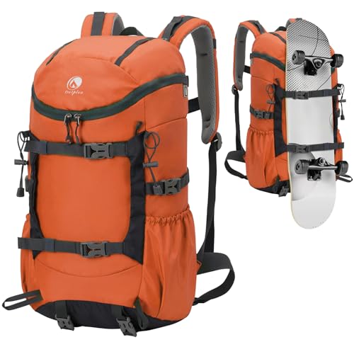 Outplea 30L Zaino Trekking Impermeabile, Zaino Viaggio, Zaino Uomo Sportivo per Montagna Campeggio, Zaino da Skateboard Multitasche per Escursionismo Alpinismo, Arancione