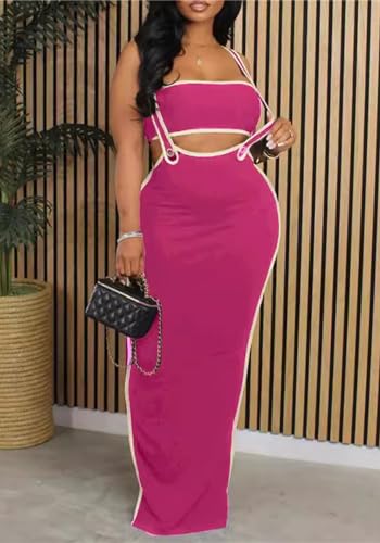 Women Summer Sexy 2 Piece Set Club Party Outfit Sleeveless Tube Top Skirt Bodycon Maxi Dress2
