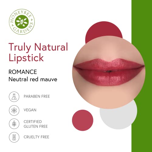 Honeybee Gardens Truly Natural Long Lasting Lipstick, Romance (Matte Medium Neutral Mauve With Red Undertones) Naturally Hydrating & Nourishing - Vegan, Gluten Free & Cruelty Free, 0.13 Oz / 3.8 G #TOP1
