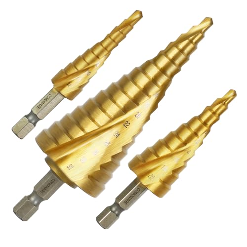 COMOWARE HSS Stufenbohrer Set, 3-tlg Stufenbohrer präzise Spiralnut Kegelbohrer, 4 bis 12/20/32mm Titan-beschichtete Profi Metallbohrer, geeignet für Metall Holz Kunststoff