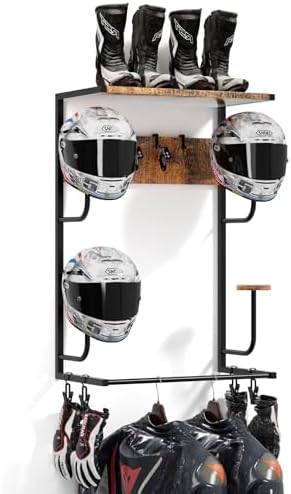 Motorcycle Helmet Holder Wall-Mounted Helmet Rack with 4 Glove Chips& Hooks - Rustic Bike Helmets Storage Organizer, Universal Wall Mount for Helmets, Gear, Clothes, Accessories，Retro