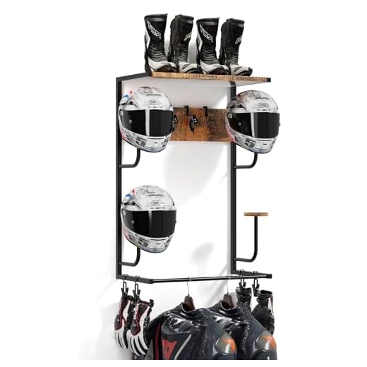 OMISRUIS Motorcycle Helmet Holder Wall-Mounted Helmet Rack with 4 Glove Chips& Hooks - Rustic Bike Helmets Storage Organizer, Universal Wall Mount for Helmets, Gear, Clothes, Accessories，Retro