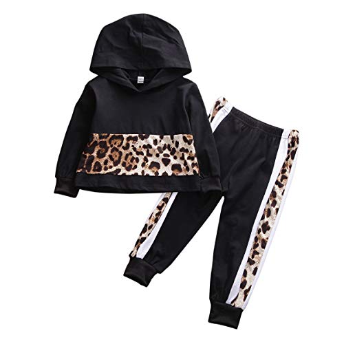 Baby Girls Sweatshirts Hoodie Leopard Home Outfit Long Sleeve 2Pc Toddler Sweatsuit Tops Pant Warm Clothes Set (Black, 3-4 Y)