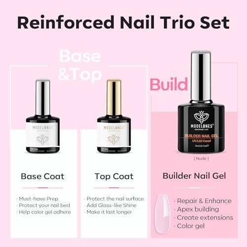 Image of modelones Builder Nail Gel with Gel Base Top Coat, 3Pcs Baby Pink Builder Nail Kit for Apex Building Extension Thickening Strengthener High Gloss Shiny, U /V LED Lamp Cured for Home DIY Salon Girls