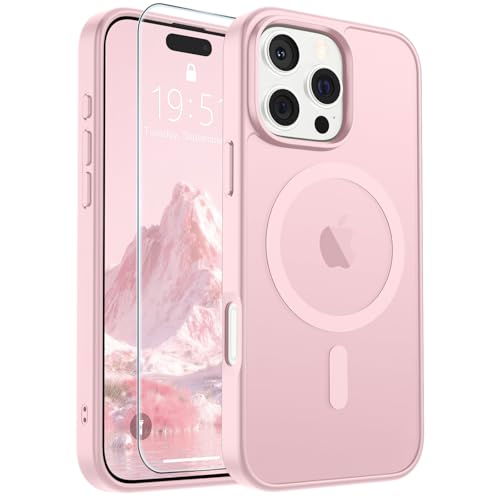 Image of SUPFINE Magnetic for iPhone 16 Pro Case with Screen Protector (Compatible with MagSafe) (Military Grade Drop Protection) Translucent Matte Shockproof Phone Cover,Light Pink