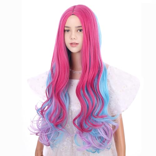 Image of Multi-color Wig for Children Long Rainbow Middle Part Wig for Girls Kids Long Blue Pink Wavy Curly Wig Colorful Wig Heat Resistant Synthetic Wig with Wig Cap