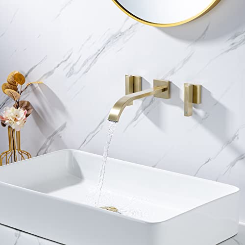 Brass Wall Faucet Brushed Gold Wall Mounted Bathroom Faucet, Wall Mount Bathroom Sink Faucet, Dual Lever Handle, Rough-In Valve Included, Pt001-Bg #TOP2