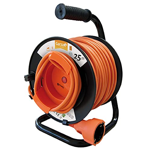 Garza - Enrouleur de câble extérieur 25 m avec poignée, prise Schuko avec sécurité enfants, protection contre les surcharges, indice IP21, puissance...