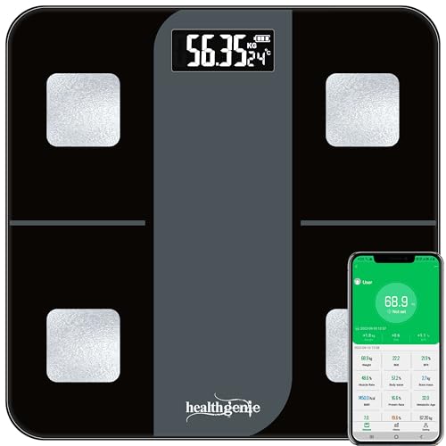 Image of Healthgenie Smart BMI Weight Machine for Body Weight with 18 Body Parameters Sync with Mobile App, Body fat Analyzer Machine with 2 Yrs Warranty Bluetooth Weighing Machine Grey Divine (HB-411)