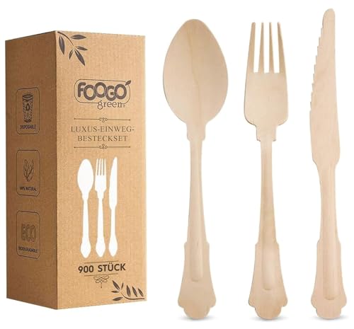 FOOGO Green Luxus-Einwegbesteck 75-teilig, 20 cm – 25x Gabeln, 25x Messer, 25x Löffel – Einweg-Holzbesteck kompostierbar & biologisch abbaubar – Nachhaltiges Einwegbesteck ideal für Party & Picknick