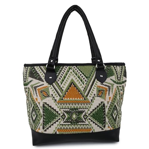 BALACHIA JACQUARD Cotton Medium Size Water Resistant Tote Bag for Women | Reusable Shoulder Bag with Full Top Zipper, Stylish JACQUARD Handbags | Ladies Purse Handbag (MALTI)