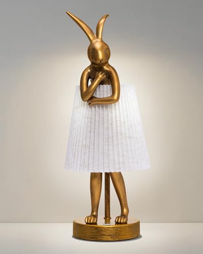 Bunny Rabbit Cordless Table Lamp – 5000mAh Rechargeable Battery Powered LED Night Light Cute Vintage Animal Desk Bedside Lamp with Linen Shade for Kids Room Nursery Home Decor Gift (Pattern)
