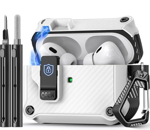 Image of Pohgelan Compatible with AirPods Pro 2nd /1st Case (White) | Carbon Fiber Texture,Magnetic Automatic Lock with Cleaning Kit,Compatible with Magsafe