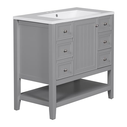 Image of Favfurish 36 inch Bathroom Vanity with Ceramic Sink,Undermount Single Basin Bath Vanity Set w /Soft-Close Door and 3 Drawers,Modern Freestanding Storage Cabinet w /Open Shelf,Solid Wood Frame,Grey