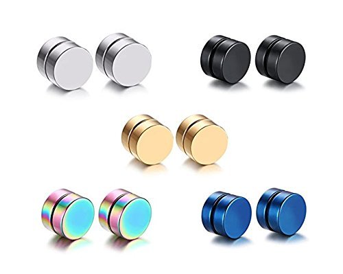 KARAY Mens Womens Stainless Steel Magnetic Ear Stud Earrings 5 Pair/Set (Colorful)