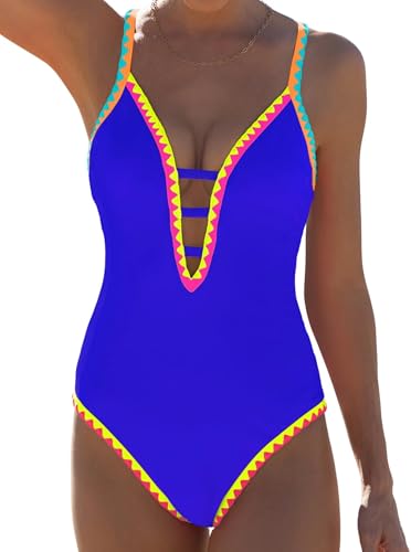Image of popvil Women One Piece Swimsuit Tummy Control Deep V Neck Neon Cute Bathing Suit Back Tie Swim Suits 2026 Summer