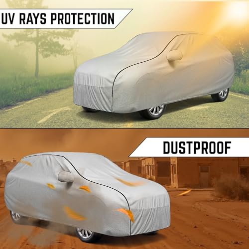 Image of 100% Waterproof Car Cover for Seltos UV Protection, Dustproof, Windproof | Custom Fit with Mirror Pockets, Belt & Buckle | All Weather Outdoor Body Cover(Silver)