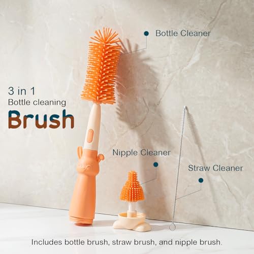 Image of TONY STARK Baby 3-in-1 Silicone Bottle Cleaning Brush Set | 360 Rotatable Handle, BPA-Free Soft Bristles for Cleaning Bottles, Nipples & Pacifiers Safely (Red)