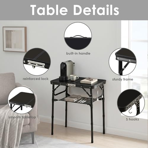 Image of Folding TV Dinner Tray Table, Adjustable Height Sofa Table, Black | Portable Snack Table with Storage Net, Lightweight Aluminum Couch End Table for Living Room, Bedroom, Camping, Patio
