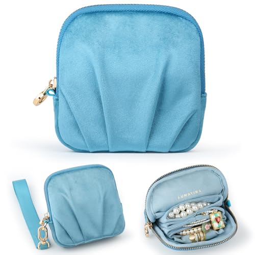 Lumayina Velvet Travel Jewelry Pouch 2-in-1 Clamshell Case with Detachable Insert Portable Travel Jewelry Organizer with Wrist Strap Converts to Mini Coin Purse Gift for Women & Girls (Teal Blue)