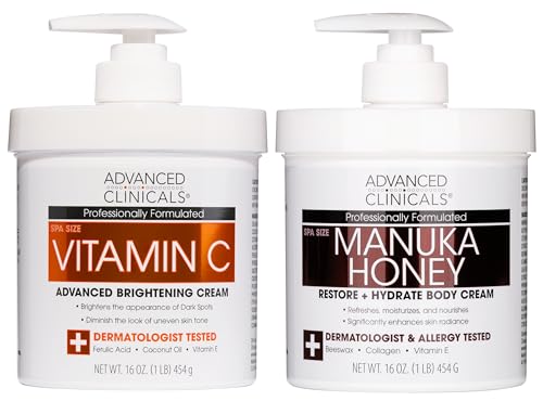 Image of Advanced Clinicals Vitamin C Brightening Cream + Manuka Honey Body Lotion & Face Moisturizer 2pc Skincare Set For Women & Men | Body Butter Creams Help Reduce Appearance Of Dark Spots & Dry Skin, 2pc